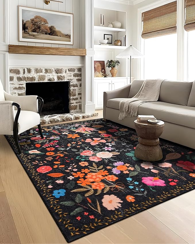 Boho Washable Area Rug 5x7 – Floral Low Pile Non-Slip Carpet for Living Room, Bedroom, Office, Playroom, Entryway, Kitchen, Dining Room (Black)
