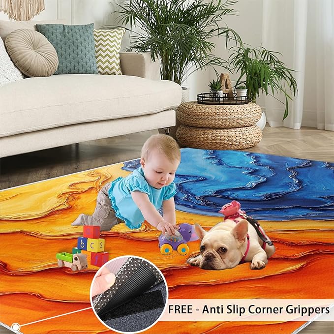 Navy Blue Rugs for Bedroom - 3x5 Area Rug - Abstract Blue Orange Rugs for Living Room, Modern Simple Art Rug, Washable Home Decor Carpet