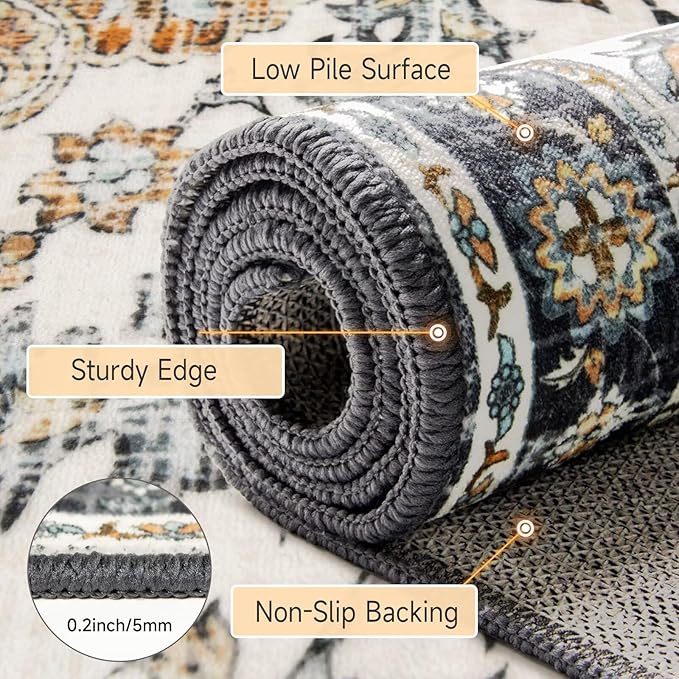 Boho Mandala Pattern 2x6ft Runner Rug Non Slip Washable Kitchen Runner Rug with Rubber Backing，Low-Pile Soft Washable Runner Rugs for Hallway Entryway Kitchen Bedroom Living Room Bathroom