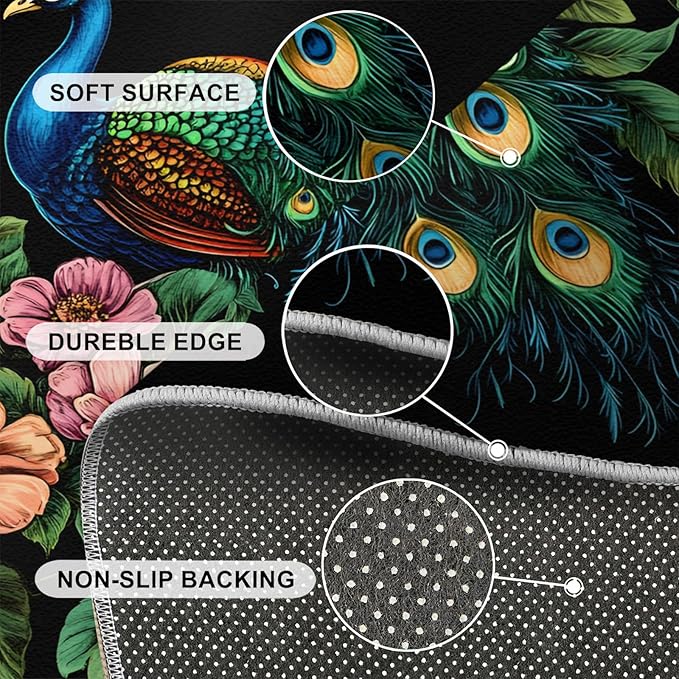 Peacock Peony Rugs for Bedroom - 6x9 Rug, Classic Peacock Peony Area Rugs for Living Room, Teal Turquoise Carpet, Floral Plant Washable Area Mat, Aesthetics Carpet - Peafowl Home Decor & Gifts