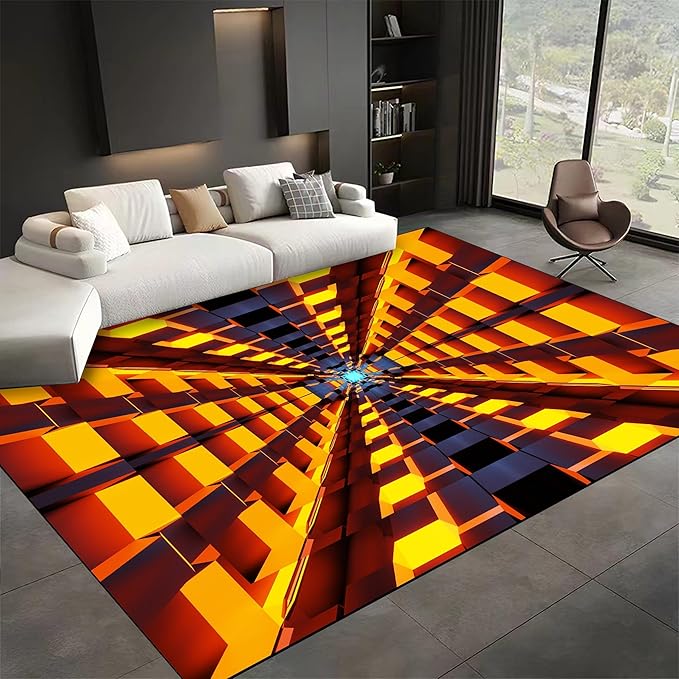 3D Abstract Grid Area Rug, 3x5ft, Visual Illusion Realistic Cave Indoor Carpets, Orange Three Dimensional Pattern Floor Mat, Easy Clean Breathable Washable Rugs for Indoor Family