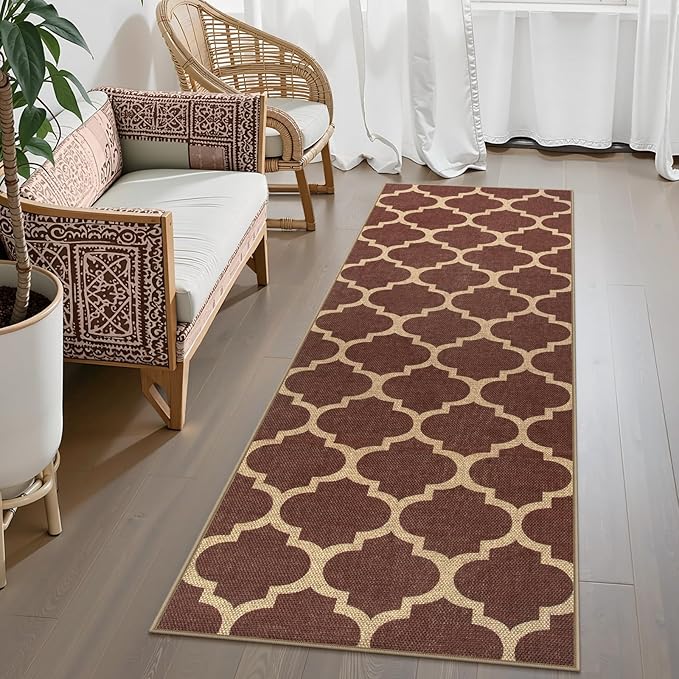 Lahome Moroccan Easy Jute Runner Rug, Red Washable Runner Rugs for Outdoor Porch Hallway, Geometric Trellis Woven Long Carpet for Doorway, Thin Non Slip Outdoor Decor, 2'6'' x 8'