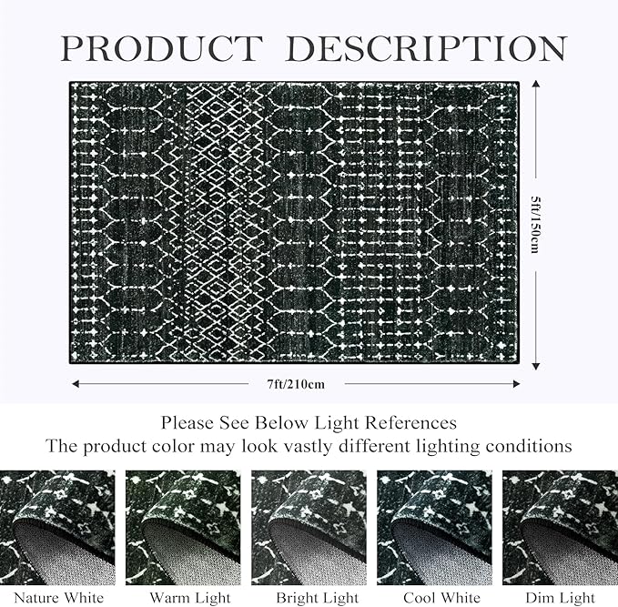 Lahome Moroccan Black Rug for Bedroom Washable Area Rugs 4x6 Non-Slip Ultra-Thin Living Room Carpet Stain Resistant Throw Entryway Indoor Mat, Geometric Print Modren Carpet Rug for Office Kitchen