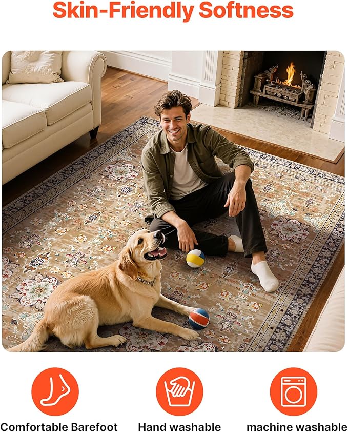 VEVOR 8 x 10 Area Rug, Washable Rug Non-Slip and Tear-Resistant Soft Carpet Pet & Child Friendly, Vintage Area Rugs Indoor Mat for Bedroom Living Room Kids Room Office Brown Green