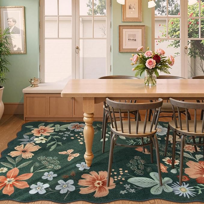 Lahome Floral Washable Rugs 8x10, Non-Slip Soft Bedroom Rug Stain Resistant, Ultra-Thin 8x10 Rugs for Living Room Easy Clean Boho Accent Carpet for Dining Room Office(8x10ft,Dark Green)