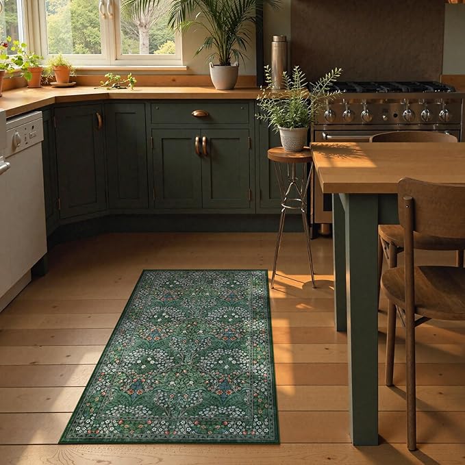 Lahome Floral Entryway Rug, 2x3 Kitchen Rugs Non Slip Washable Boho Green Forest Design, Soft Door Mat Indoor Entrance, Ultra-Thin Easy Clean Small Throw Carpet for Bedroom Bathroom, Dark Green