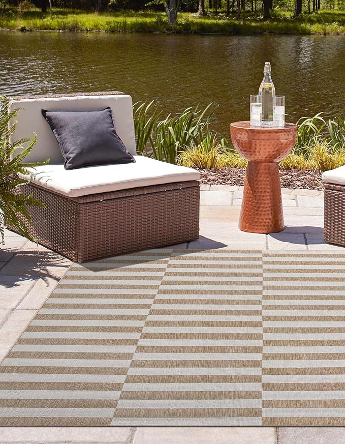 Unique Loom Outdoor Striped Collection Area Rug - Striped (6' 1" Square Taupe/Ivory)