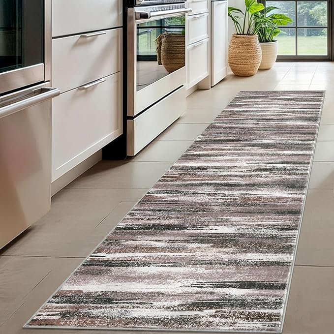Modern Abstract Hallway Runner Rug, Dark Light Brown White Washable Kitchen Runner Non-Slip Soft 2x8 Runner Rug Thin Print Faux Wool Carpet for Entryway Bedroom Laundry Room Indoor Home Decor