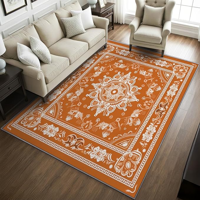 Mandala Rugs for Living Room -Vintage Floral Rug, 3x4 ft, Orange Mandala Area Rugs for Bedroom, Boho Medallion Washable Carpet for Entryway, Kitchen, Meditation Boho Ethnic Home Decor & Gifts