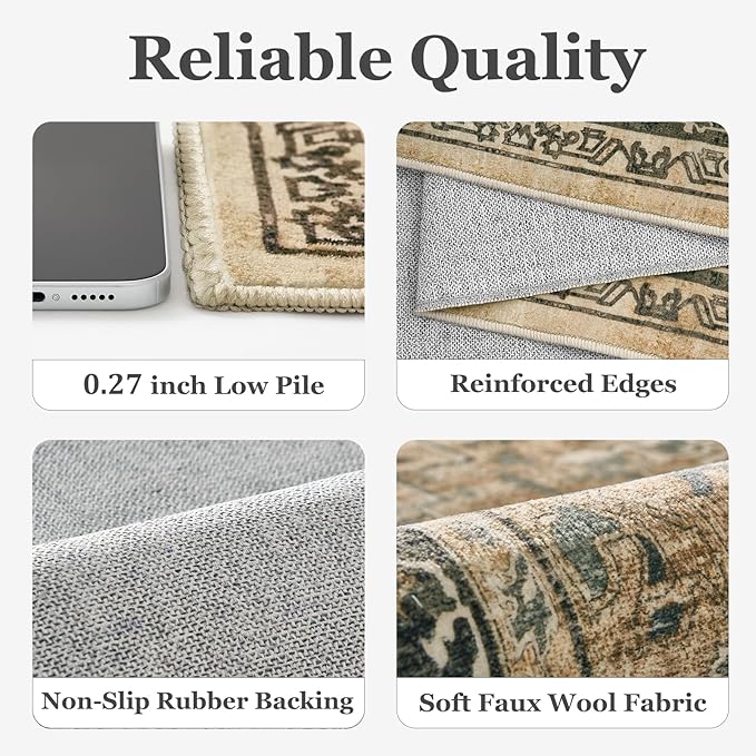 Retro 7x9 Area Rug for Living Room, Distressed Medallion Dining Room Rug Under Table, Washable Non Slip Thin Carpet Rugs for Bedroom Under Bed Home Office, Multi Brown/Olive