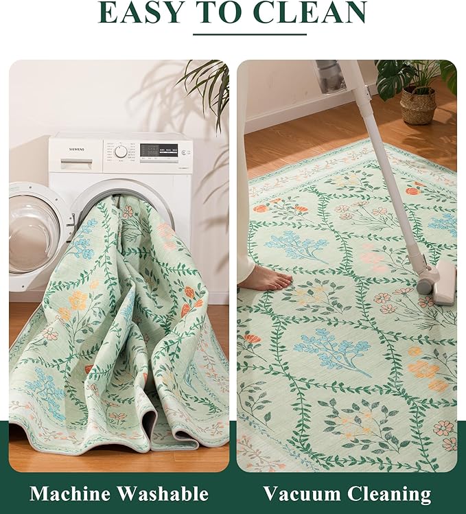 YIHOUSE 8x10 Washable Rug for Living Room, Green Floral Rugs for Bedroom Boho Area Rug Non Slip Ultra-Thin Large Rug for Kids Playroom, Classroom, Girls Dorm, Nursery, Green Multi