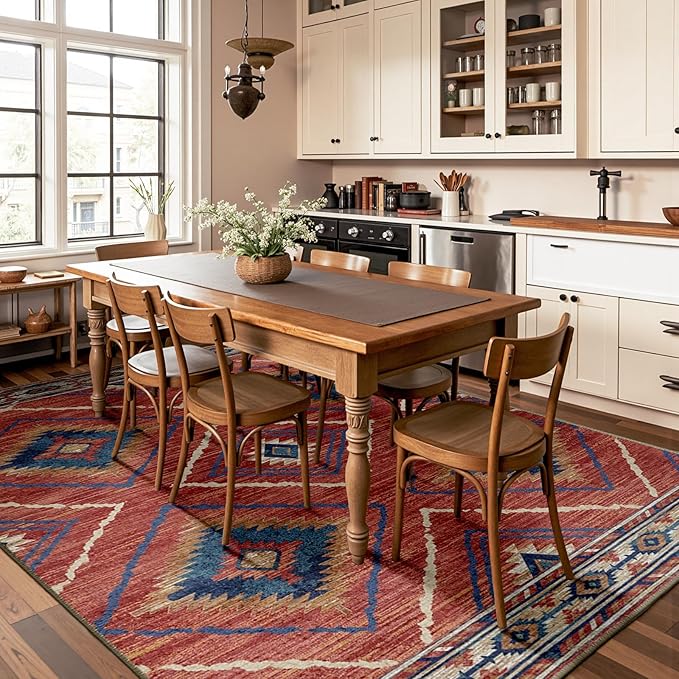 Area Rug 6x8 Rug Machine Washable Non-Slip Low Pile Print Pattern Western Rug for Living Room Bedroom Entryway Tribal Series-Red/Orange