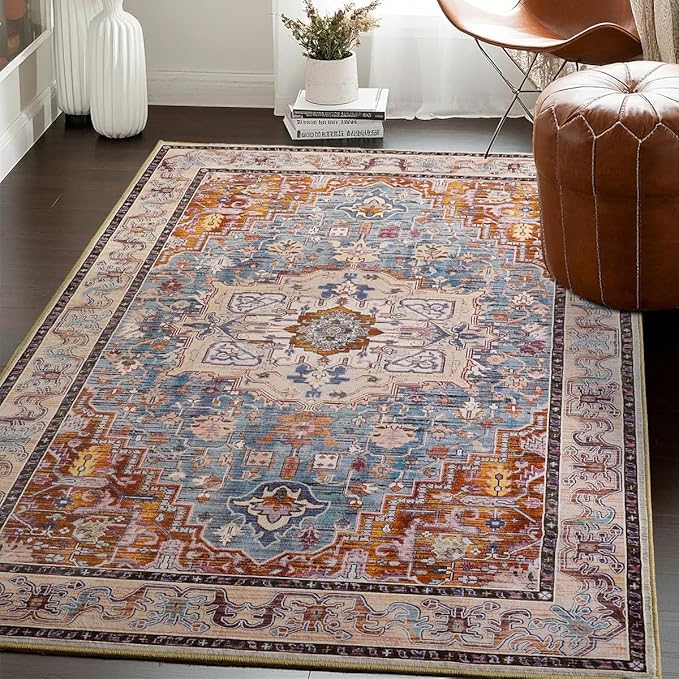 Washable Area Rugs 3x5, Low Pile Vintage Carpet, Non-Slip Distressed Rug for Bedroomn Living Room, Dining Room, Non-Slip, Low Pile, Rust Brown