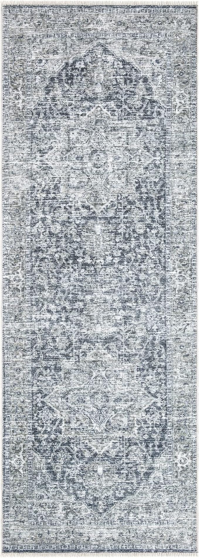 Bloom Rugs Caria Washable Non-Slip 10 ft Runner - Gray/Dark Blue Traditional Runner for Entryway, Hallway, Bathroom, and Kitchen - Exact Size: 2'6" x 10'