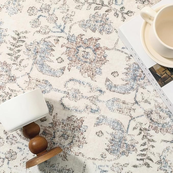 Taupe Entryway Area Rug 2x3 Door Mat Machine Washable Kitchen Vintage Distressed Non Slip Carpet Indoor Retro Floral Accent Throw Small Rug for Bathroom Office Bedroom Dining Living Room