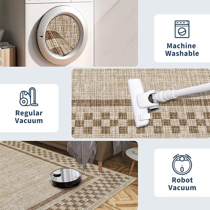 Rug Runners for Hallways 2x8 Washable Kitchen Runner Rug Non Slip Low Pile Bedside Throw Carpet Modern Bordered Bathroom Runners Checkered Area Rug for Living Room Bedroom Entryway Nursery, Taupe