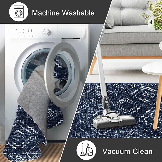 KILOCOCO Boho Kitchen Runner Rug 2x5 Washable Runner Rug, Soft Runners for Hallways Non Slip Printed Distressed Laundry Room Rugs, Low-Pile Rugs for Entryway/Bedroom/Living Room, Dark Blue