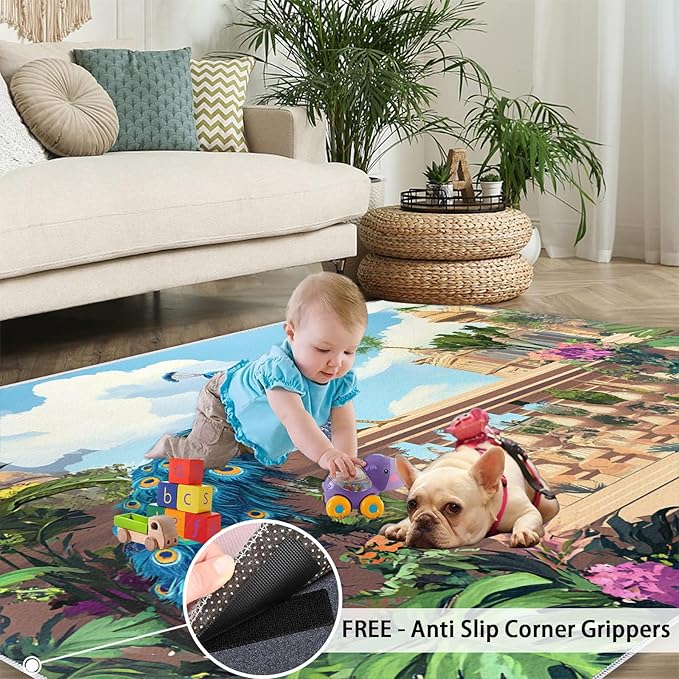 Peacock Rugs for Living Room - 4x5 Rug, Tropical Palm Leaves Area Rugs for Bedroom, Peacock Decor Rug, Floral Animal Washable Carpet, Peafowl Carpet - Peafowl Home Decor & Gifts