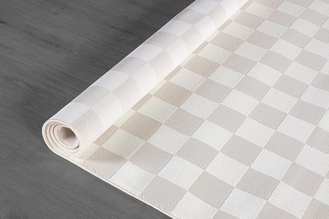 Beverly Rug Modern Geometric Area Rug 6x9 Low-High Pile Durable Soft Abstract Checkered Indoor Rugs for Living Dining Room Office Stain Resistant Non Shedding Casual Indoor Carpet Beige White 6 x 9