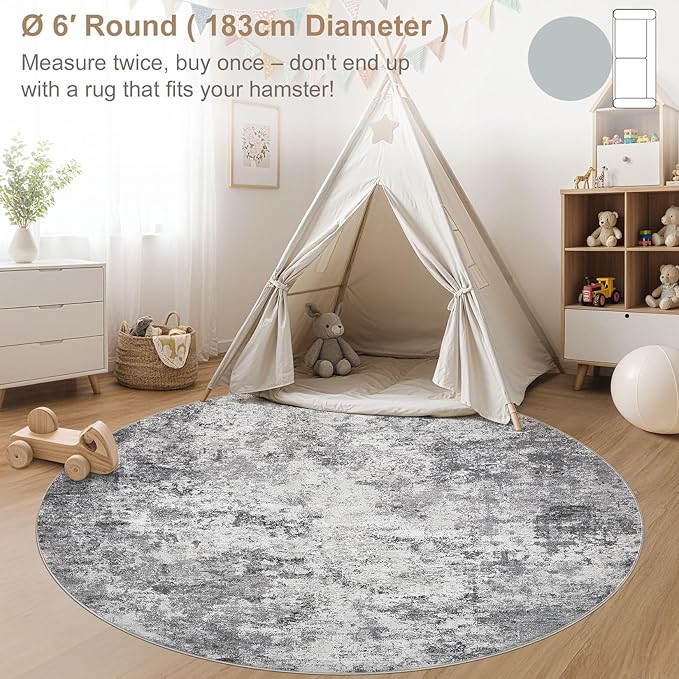 6ft Round Area Rug Living Room Rugs - 6x6 Washable Neutral Modern Abstract Soft Thin Rug Indoor Floor No Slip Rug Carpet for Bedroom Under Dining Table Home Office Decor - Grey