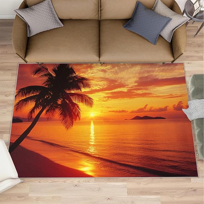 Coastal Rugs for Bedroom - 3x4 Area Rug - Ocean Beach Rugs for Living Room, Sunset Palm Trees Rug, Non-Slip Washable Home Decor Carpet