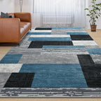 Large Area Rugs,Modern Geometric Patchwork Floor Decor for Bedroom Aesthetic Carpet, Rockwood Collection, Indoor Rugs for Living Room, Dining Room, Nursery, Office, Machine Washable Rug,9x12 Ft Blue