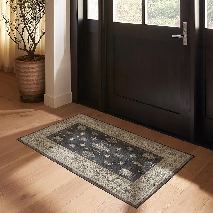 RUGGABLE Washable Vintage Area Rug – Verena Dark Wood 3x5, Stain-Resistant, Non-Slip – Small Machine Washable Rugs for Living Room, Bedroom, Hallway, Entryway & Office–with Cushioned Pad