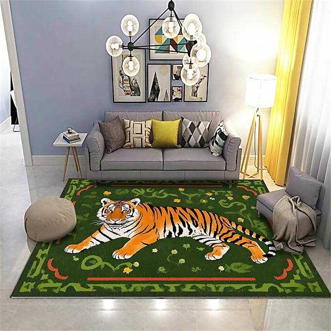 Jungle Tiger Area Rug,5x6ft, Cozy Jungle Style Tiger Print Area Rug Surrounded by Green Plants and Yellow Flowers Washable Animal Rug for Farmhouse Living Room Bedroom Kitchen Kids Room Decor
