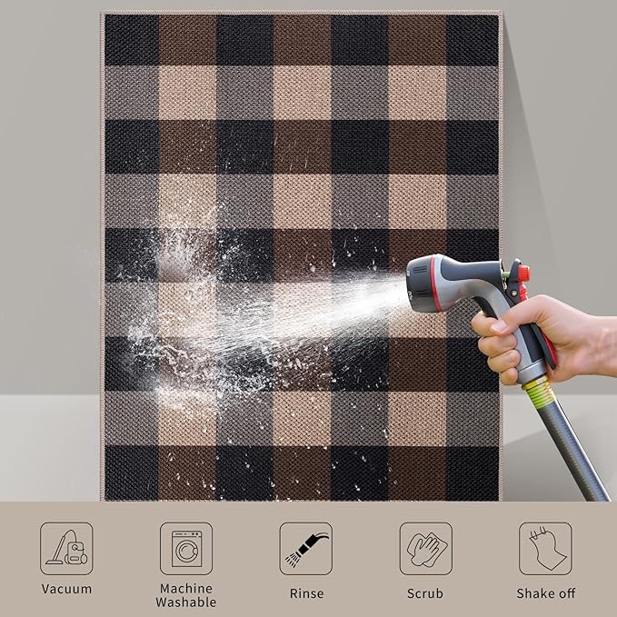 Tangsoo Checkered Easy Jute Rug, 2x3 Washable Ultra Thin Rug for Entryway Non-Slip Black Brown Outdoor Rug,Modern Front Door Mat Carpet for Kitchen Bedroom Porch Doorway