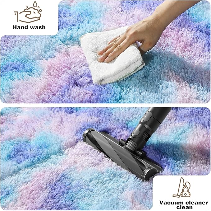 2x3 Rugs for Bedroom, Fluffy Small Area Rugs for Living Room, Soft Shag Fuzzy Carpet with 4 Non-Slip Stickers for Kids Boys and Girls Nursery Dorm Room Home Decor (Rainbow, 2ft x 3ft)