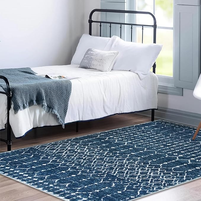 Lahome Moroccan Blue Carpet for Living Room 4x6 Area Rug Non-Slip Ultra-Thin Soft Bedroom Rug Stain Resistant Modern Carpet with Geometric Print, Suitable for Office, Kitchen, Entryway, Dining Room