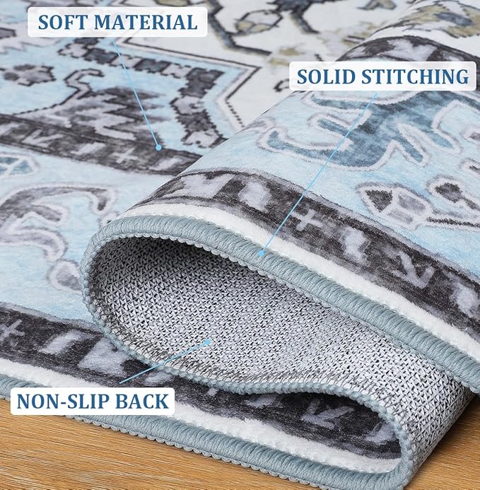 Runner Rug 2×6, Machine Washable Non-Slip Vintage Area Rug, Low Pile, Indoor Carpet Printed Floral Rugs for Living Room, Entryway, Kitchen, Bedroom,Blue