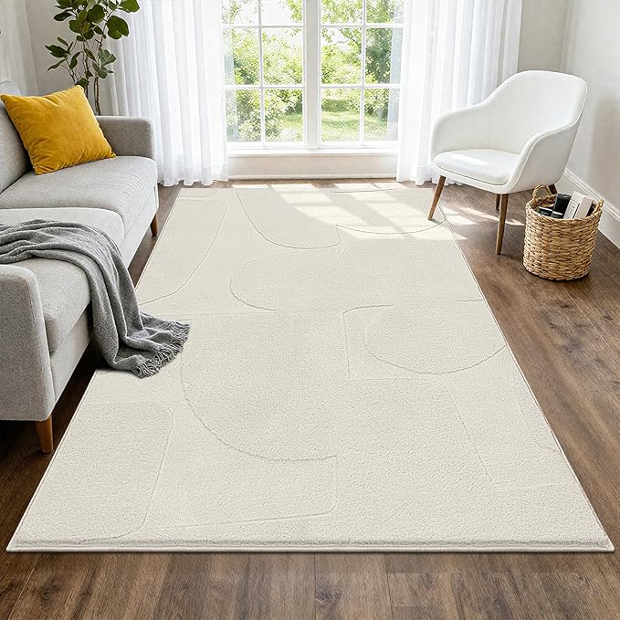 SHACOS Soft Cozy Fluffy Abstract Geometric High Low Pile Area Rugs 5'x7' Non Slip Washable Scandinavian Minimalist Rug Modern Carpet for Living Room Bedroom Dining Room, Cream