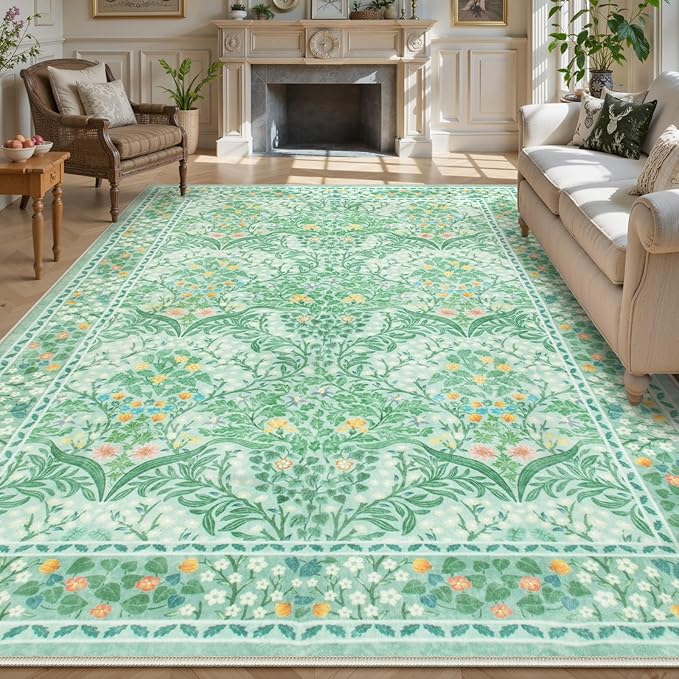 Lahome Floral Washable Rugs 8x10, Soft 8x10 Area Rugs for Living Room Bedroom, Boho Non-Slip Green Forest Design Large Throw Carpet for Farmhouse Dining Room Office, Sage Green