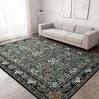 6x9 Black and Green Floral Area Rug for Living Room, Washable Non Slip Rugs for Bedroom Non Slip, Low Pile Large Indoor Accent Carpet for Office, Dining Room, Farmhouse