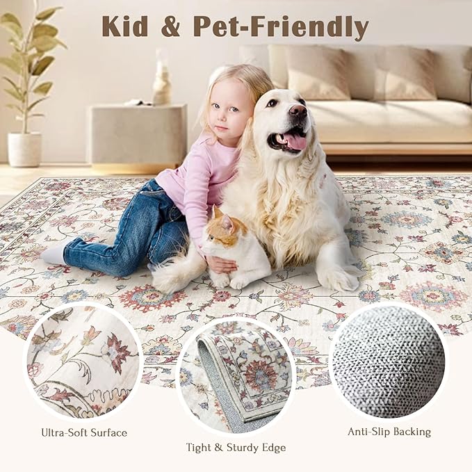 Washable Round Area Rug 6ft - Cream Colorful Traditional Floral Living Room Circle Rug Non-Slip Farmhouse Dining Room Carpet Soft Vintage Bohemian Round Rugs for Bedroom Office Nursery