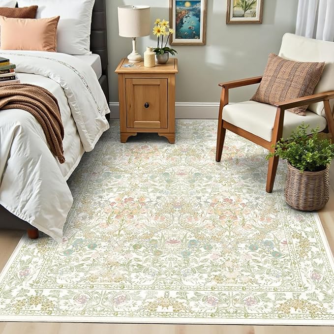 Farmhouse Sage Green Washable Nursery Rug 5x7, Floral Area Rug for Living Room, Bedroom, Dining Room Under Table, Home Office, Low Pile Non Slip Boho Carpet, Soft Cottagecore Botanical Accent Mat