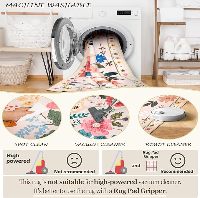 Floral 2x10 Area Rug Machine Washable Soft Print Boho Carpet Non Slip Doormat Low Pile Flower Area Rugs for Living Room Bedroom Nursery Kitchen Dining Room Indoor-Pink