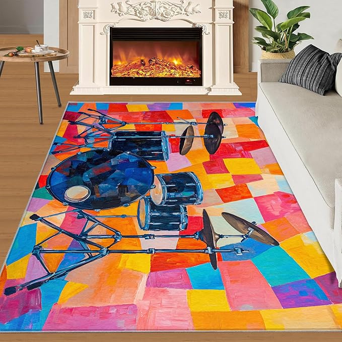 5x6 Drum Set Rugs for Office - Abstract Art Living Room Carpet, Pop Art Bedroom Area Rug Kids Low Pile Rug for Indoor Outdoor Hardwood Floors Home Decor