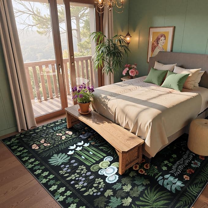 Boho Washable Living Room Bedroom Area Rug 8x10 Under Bed, Floral Large Living Dining Room Area Rugs for Under Table, Non Slip Botanical Indoor Carpet for Home Office Playroom (Black,8 x 10)