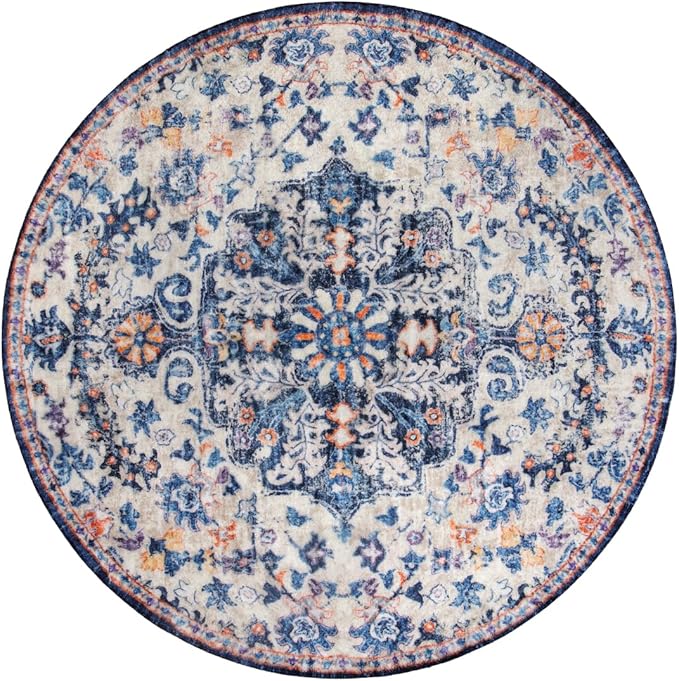 Lahome Round Rug 4ft, Washable Bathroom Rug Non Slip Entryway Circle Mat, Bohemian Vintage Non-Slip Non-Shedding Low Pile Printed Indoor Carpet for Kitchen Laundry Entryway, Blue Purple/Multi