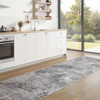 Washable Runner Rug for Hallway: 2.6x12 Neutral Modern Abstract Low Pile Area Rug with Non-Slip Backing - Carpet for Bedroom Kitchen Laundry Entryway Bathroom Indoor - Grey