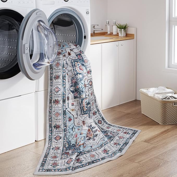 zesthome Washable Rug 5x7 Area Rugs,Stain Resistant Rugs for Living Room,Bedroom,Non-Slip Backing Home Decor Rug, Vintage Medallion Pattern Rugs (Blue,5'x7')