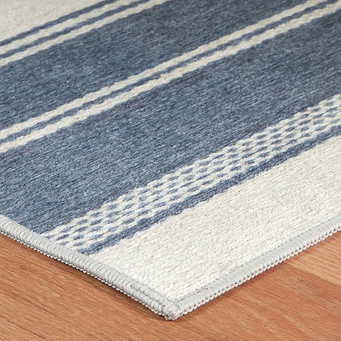 Dash & Albert Bowman Stripe Blue Machine Washable Rug, 5 X 8 Feet, Blue Stripe Pattern
