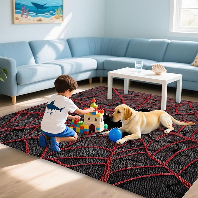 Red Spider Cool Washable Living Room Area Rug, Low Profile Abstract Pattern, Non-Slip Backing Carpet for Kitchen, Bedroom, Dining Room