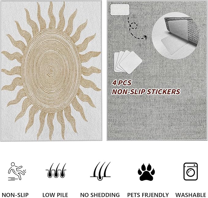 Boho Washable Rugs for Bedroom 6x8, Modern Sun Print Soft Minimalism Area Rug, Non Slip Low Pile Abstract Carpet for Classroom Living Room Decor Dining Room Sofa Kids Nursery Room, Beige Yellow