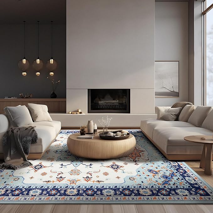 Phantoscope Washable Area Rug 8'x10' Non-Slip, Vintage Boho Rugs for Living Room, Bedroom, Dining Room, Medallion Persian Symmetrical Pattern, Low-Pile Foldable Floor Carpet, Ivory Blue/Orange