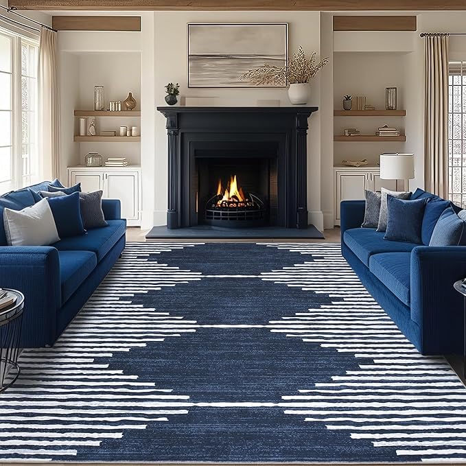 HelloTree Area Rug for Living Room 8x10 Washable Geometric Moroccan Rug Stripe Farmhouse Bohemian Minimalistic Non Slip Non Shedding Ultra Thin Soft Rug for Bedroom Office DiningRoom Nursery-Blue