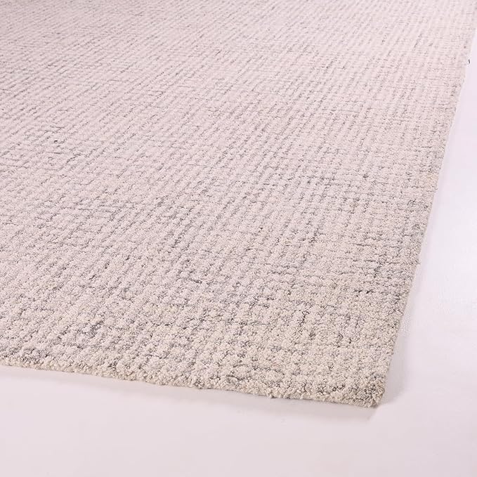 Hand-Tufted 100% Wool Pile Area Rug – Geometric Textured Grid Check Pattern – Thick and Durable Floor Carpet for Bedroom, Living Room, Kids Room, and Dining Area (Ivory Grey, 9' Round)