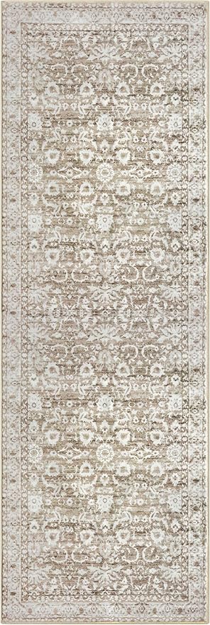 Vintage Floral 2x6 Runner Rug, Beige Tan White Washable Kitchen Runner Rug Non-Slip Neutral Hallway Rug Runner Thin Printed Faux Wool Super Soft Carpet for Entryway Bedroom Laundry Room Indoor